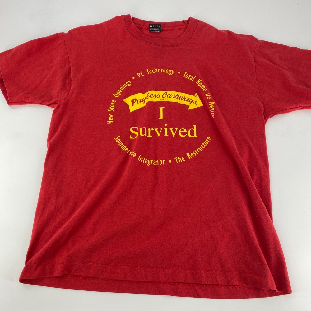 Vintage Payless Cashways I Survived T Shirt Mens XL Red Graphic Tee